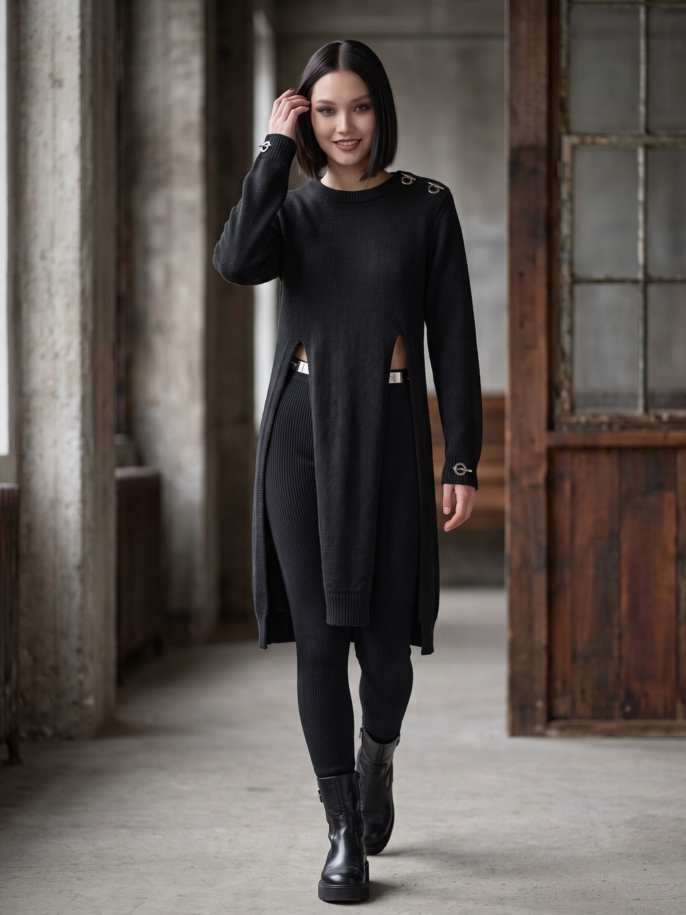 Black High Slit Tunic Sweater Edgy Hardware Goth Knit Dark Romance NWOT